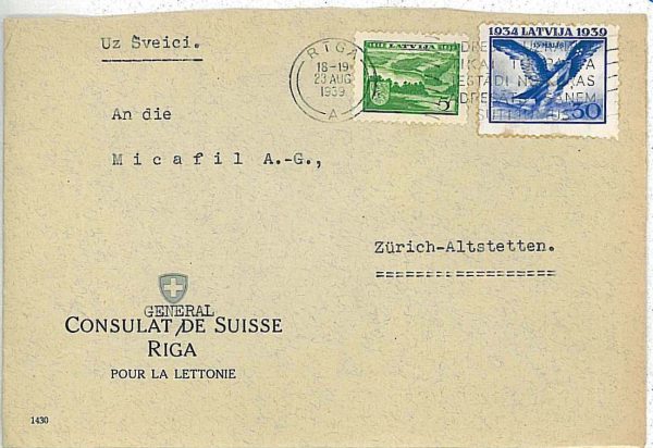 20622 - LATVIA - POSTAL HISTORY -  COVER to SWITZERLAND -  EAGLES  FLAGS - 1939