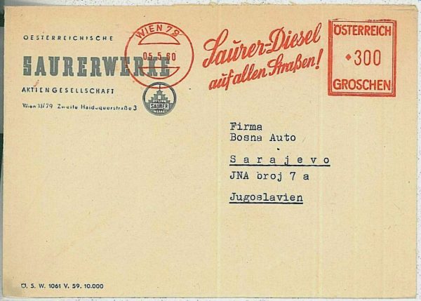 29748 -:AUSTRIA - POSTAL HISTORY - AUTOMATIC postmark on COVER 1960 cars AUTO