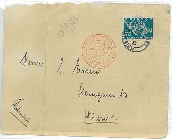 27220 - SWEDEN - POSTAL HISTORY  - AIRMAIL COVER to AUSTRIA 1933 - LUFTPOST