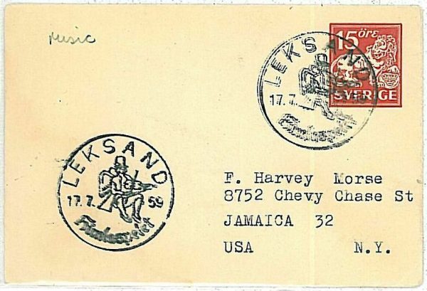 26115 - SWEDEN - POSTAL HISTORY - nice postmark STATIONERY COVER 1959 Lion MUSIC
