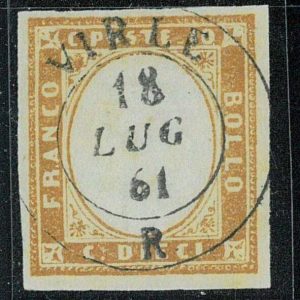 P3759 J - SARDEGNA , SASSONE 14 CM, ANNULLO VIRLE 1861 PUNTI 13 GRANDE RARITÀ