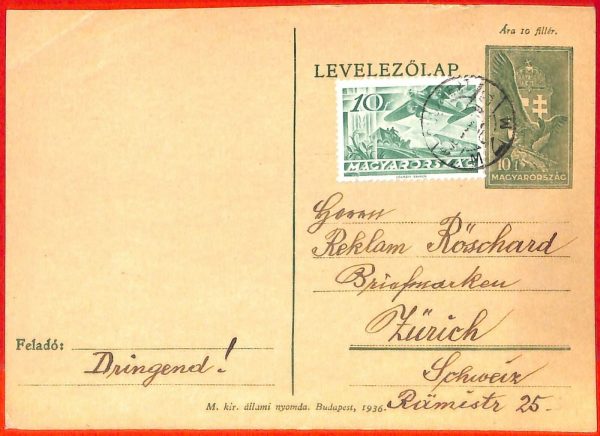 aa1994 - HUNGARY Ungarn - POSTAL HISTORY -  STATIONERY to SWITZERLAND  - Eagles