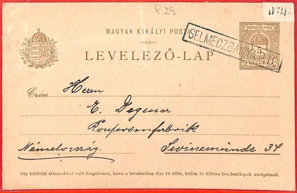 aa2017 - HUNGARY Ungarn - POSTAL HISTORY -  STATIONERY CARD to Swinemünder  1914
