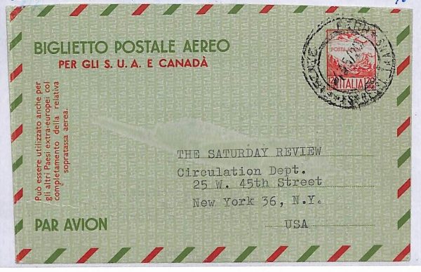 P0868 - ITALIA - Storia Postale - AEROGRAMMA #2b /2a scritto da IRVING STONE