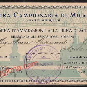 ag9280 - TESSERA D'AMMISSIONE - Milano - Fiera Campionaria di Milano  1922