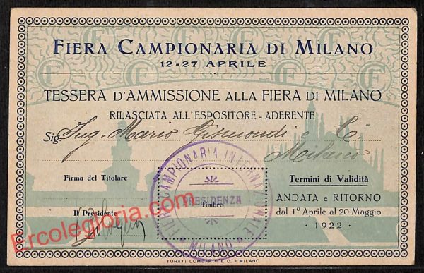 ag9280 - TESSERA D'AMMISSIONE - Milano - Fiera Campionaria di Milano  1922