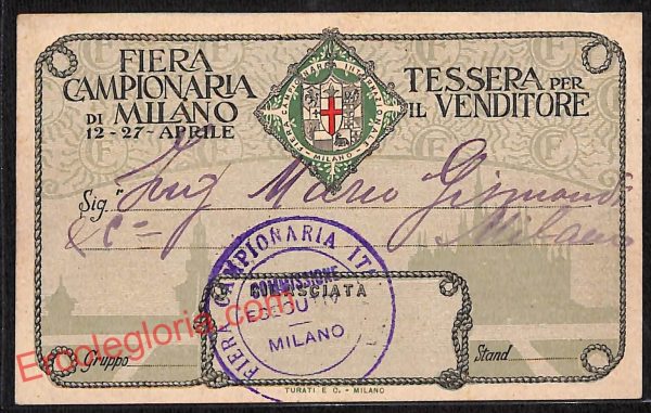 ag9281 - TESSERA PER IL VENDITORE - Milano - Fiera Campionaria di Milano  1921