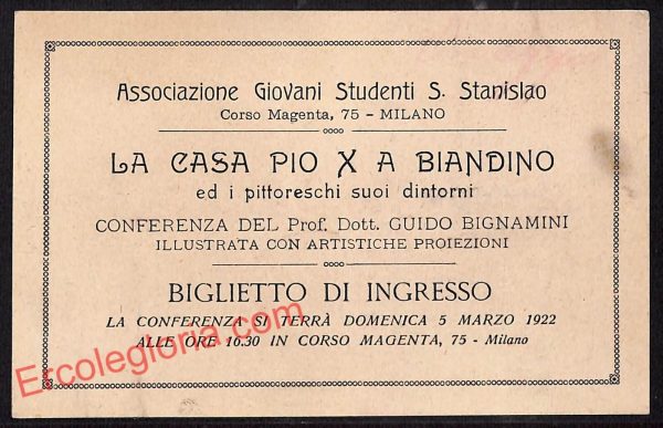 ag9283 BIGLIETTO D' INGRESSO -Milano -Associazione Giovani Studenti S. Stanislao