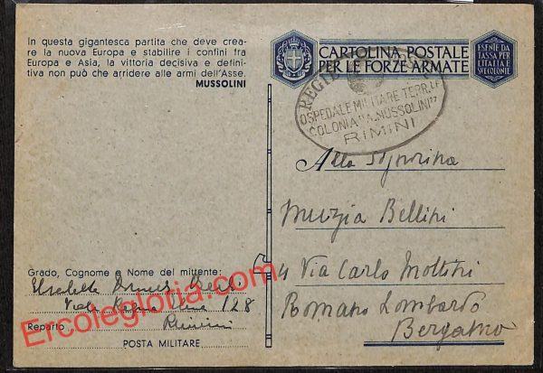 ai0838 -  STORIA POSTALE - Rimini Città - Ospedale Militare - Colonia Forlivese