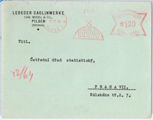 66467 - Bohemia-Moravia - Postal History - Red MECHANICAL POSTMARK - MINING 1941