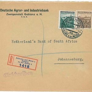 21403 - Czechoslovakia - POSTAL HISTORY : REGISTERED COVER to SOUTH AFRICA 1937