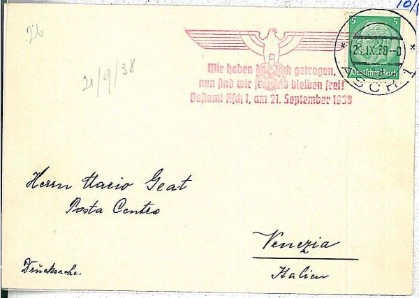 27126 - POSTAL HISTORY Czechoslovakia : CARD to ITALY 1938 EAGLES