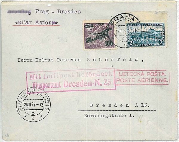 27301 - Czechoslovakia - 1st FLIGHT COVER : PRAGUE / DRESDEN - 1927