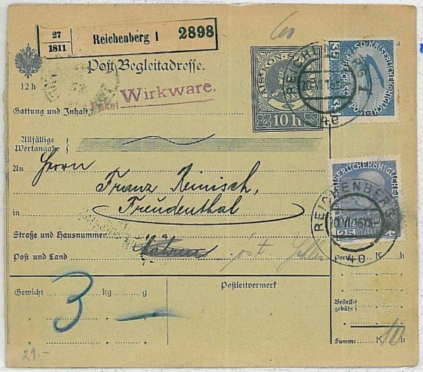 29648 - AUSTRIA Czechoslovakia LIBEREC - POSTAL HISTORY: PARCEL POST 1916