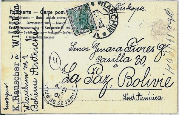29658 - Czechoslovakia - POSTAL HISTORY: POSTCARD to BOLIVIA ! 1904 WLASCHIN