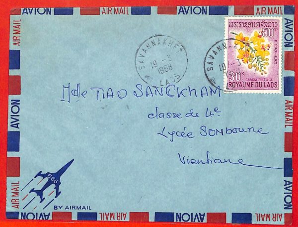 aa6366   - LAOS - Postal History - AIRMAIL COVER from SAVANNAKHET  1968 Orchids