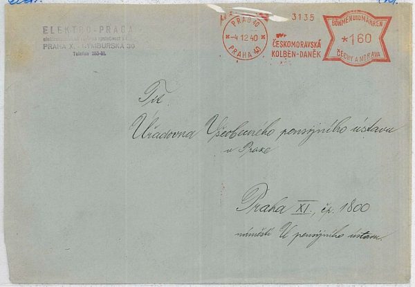 31517 Czechoslovakia Bohemia-Moravia POSTAL HISTORY: Red POSTMARK Electricity