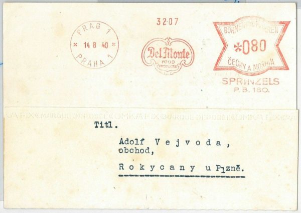 41977 - Bohemia and Moravia - POSTAL HISTORY - DEL MONTE postmark GASTRONOMY