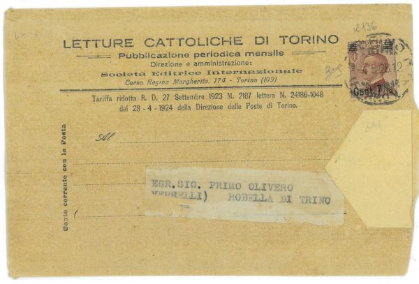 P 1124 - ITALIA REGNO ,  1928 SASSONE 136 ISOLATO SU FASCETTA PER GIORNALI