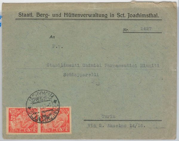50584 - CZECHOSLOVAKIA - POSTAL HISTORY: COVER from Jáchymov to ITALY 1923