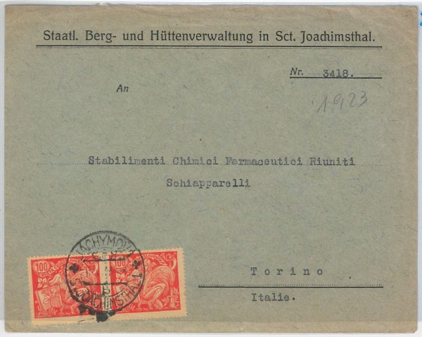 50587 - CZECHOSLOVAKIA - POSTAL HISTORY: COVER from Jáchymov to ITALY 1923