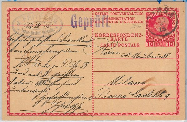 50594 CZECHOSLOVAKIA Austria - POSTAL STATIONERY CARD from Tissa to ITALY 1915