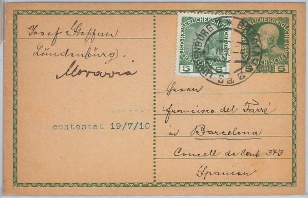 50598 - CZECHOSLOVAKIA Austria - POSTAL HISTORY STATIONERY CARD to SPAIN 1910