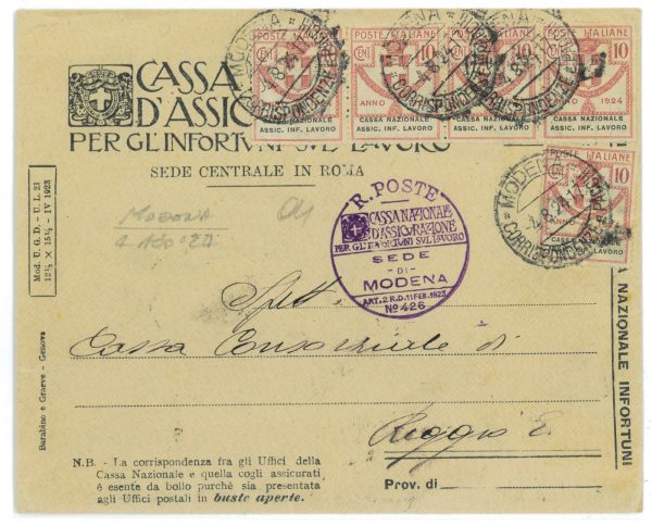 P 1134 - ITALIA REGNO  1924 CASSA NAZIONALE ASSIC. INF.LAVORO, STRISCIA DI 4 + 1