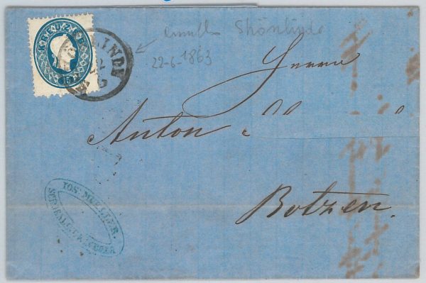 51185 AUSTRIA Czechoslovakia POSTAL HISTORY: COVER from Schonlinde to BOZEN 1863