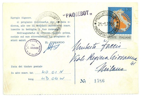 P3208 - ITALIA , 1966 MESSAGGIO INOLTRATO PER BOTTIGLIA,