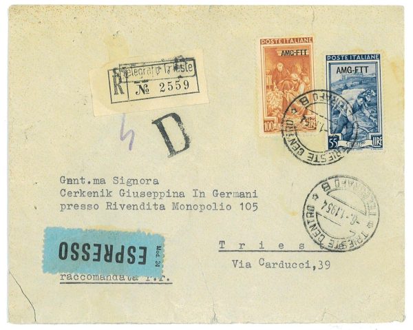 P3210 - TRIESTE “A”, SERIE LAVORO, 100 L (SOVRASTAMPA SPOSTATA) E L 55, RACC