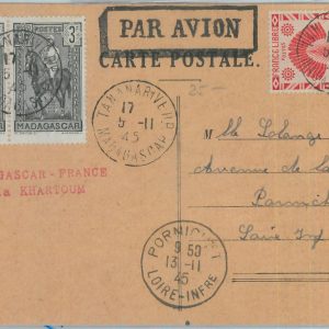81139 - MADAGASCAR - POSTAL HISTORY - CARD to FRANCE via KHARTOUM  1945