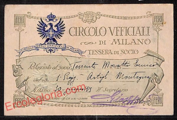 ag9273 - TESSERA D'EPOCA - Milano - Circolo Ufficiali  1919