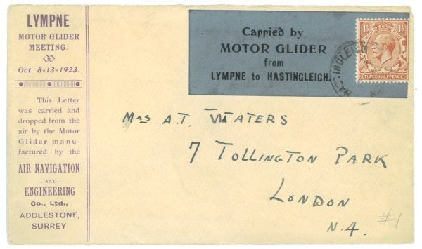P3649 - Airmail ,MOTOR GLIDE meeting, Great Britain special label tied to cover,