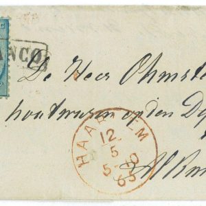 P 1245  - 1865 NETHERLANDS, SMALL FOLDED LETTER FROM HAARLEM(IN RED) TO ALKMAAR