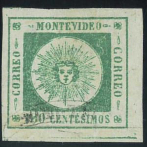 P3813 F - URUGUAY , YVERT 11 , 180 CENT. DARK GREEN , FINE PRINT, LIGHTLY USED