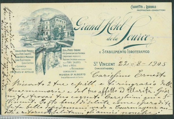 LIB883 - CARTOLINA d'Epoca - AOSTA St. VINCENT  -  PUBBLICITARIA  1905 Hotel