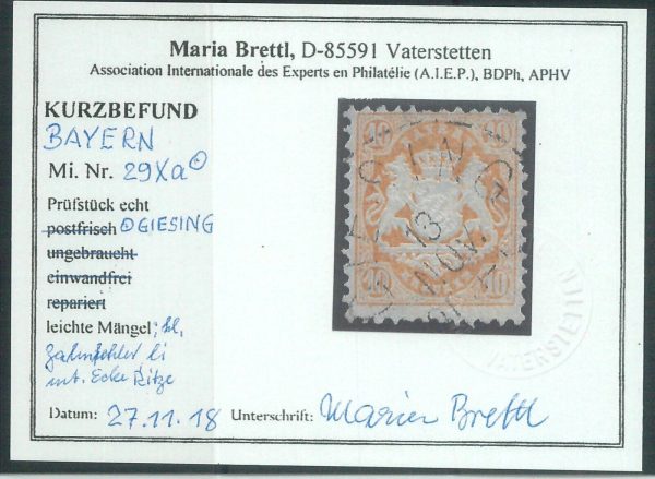 78019 - BAYERN - Very Fine USED STAMP: Michel # 29 Xa - Certificate by M. Brettl