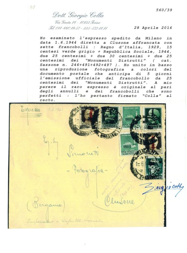 P2412 - ITALIA RSI , BELLA MISTA L.1,75 IN TARIFFA, PER ESPRESSO (MANUSCRITTO) - immagine 3