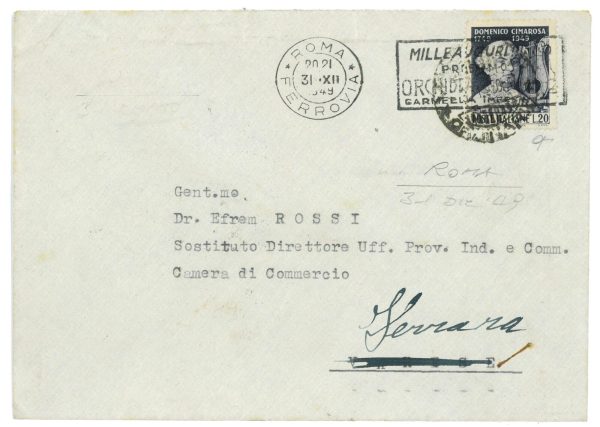 P2623 - ITALIA , SASSONE 615 CIMAROSA, ISOLATO SU BUSTA. 31.12.1949