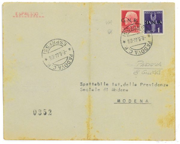 P2398 - ITALIA RSI , F.BLLI SOVRASTAMPATI G.N.R. 8.6.1944 ESPRESSO DA PADOVA