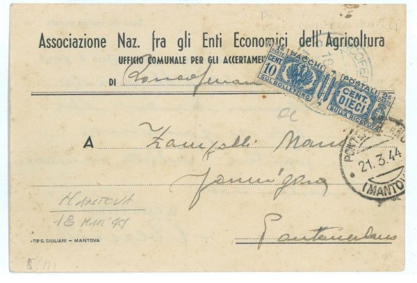 P2390 - ITALIA RSI , 18.3.1944 DA RONCOFERRARO (MN) , AFFRANCATURA D'EMERGENZA