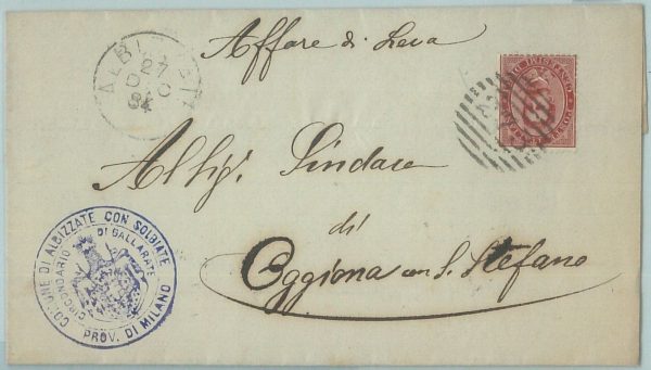 68580  - ITALIA REGNO - STORIA POSTALE -  BUSTA da ALBIZZATE   Varese 1884