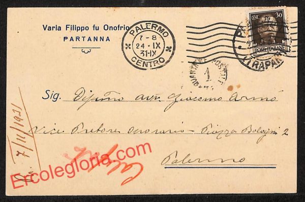 ah5169 - STORIA POSTALE - Palermo Provincia - Partanna