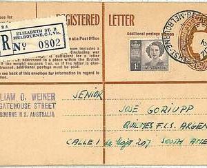 AUSTRALIA  : REGISTERED LETTER - POSTAL STATIONERY to ARGENTINA