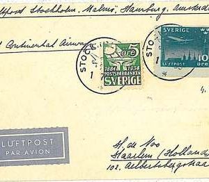 FIRST FLIGHT cover: MULLER #142- SWEDEN: MALMO - HAMBURG - AMSTERDAM