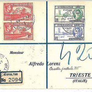 28129  - GIBRALTAR -  POSTAL HISTORY  -  REGISTERED COVER to ITALY : 1947