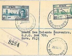 28102  - FIJI -  POSTAL HISTORY:  REGISTERED COVER - VICTORY PEACE ISSUE 1947