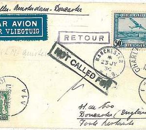 x283 - BELGIUM - POSTAL HISTORY - 1st FLIGHT  BRUXELLES - DONCASTER via MANCHEST