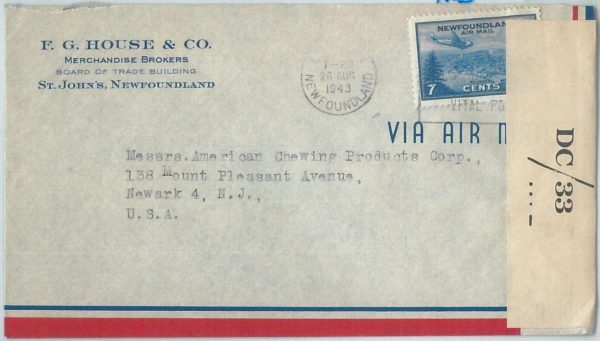 72375 -  NEWFOUNDLAND - POSTAL HISTORY:  Cover to USA 1943 - CENSOR TAPE